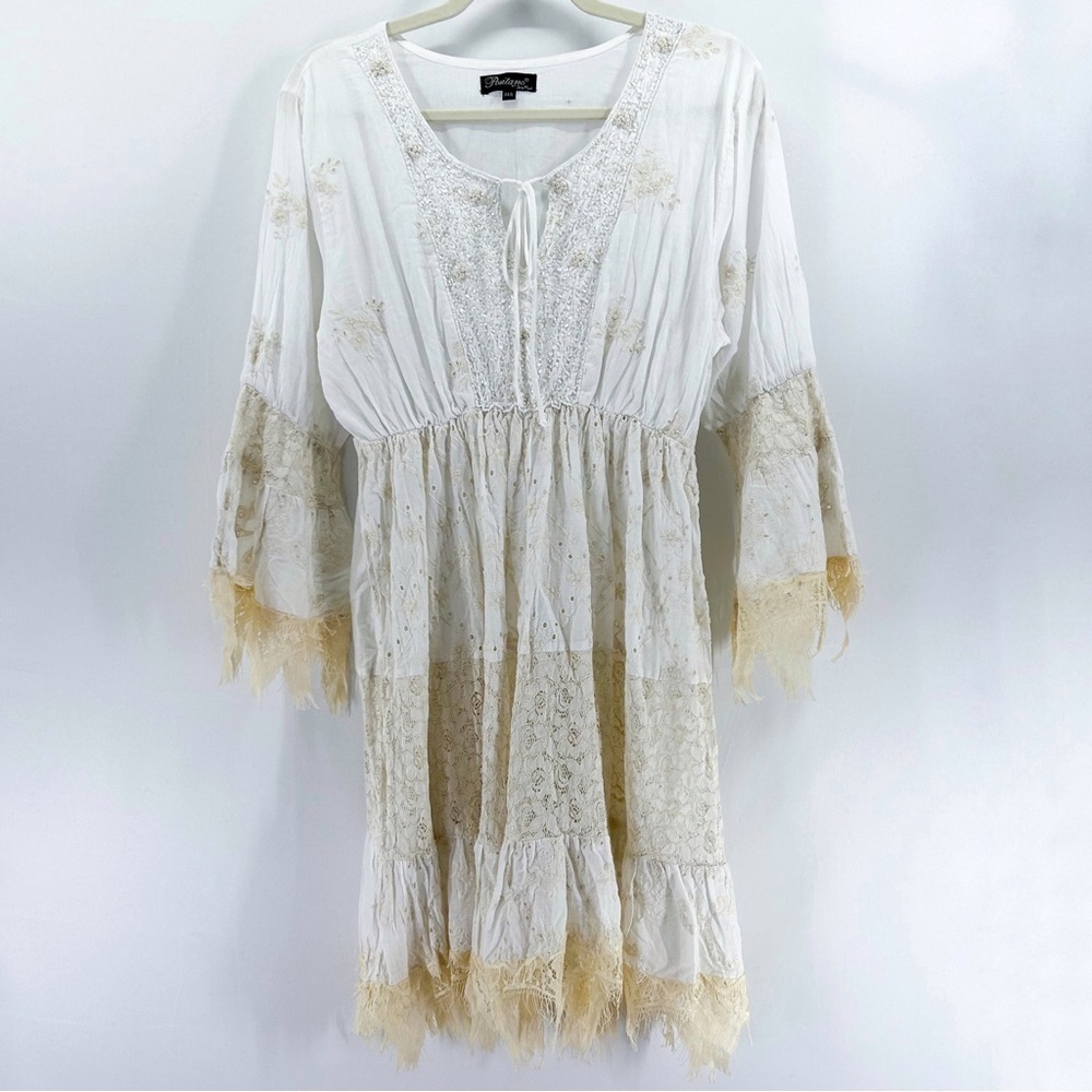 Vintage Positano By Jean Paul White Boho Lace Eyelet Beaded Bell Sleeve Dress